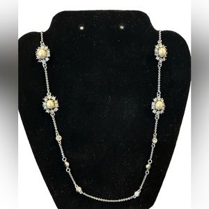 Ann Taylor Faux Pearl and Rhinestone Long Silver Tone Necklace